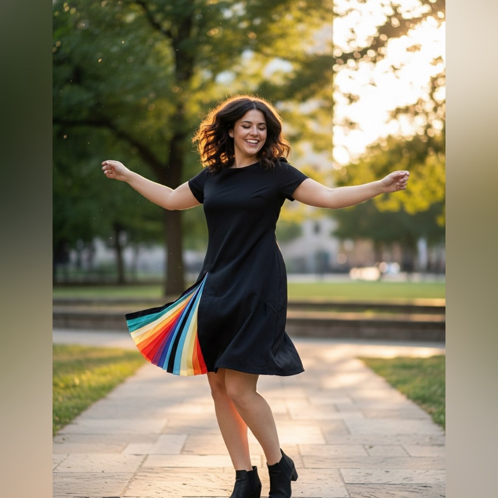 NWT Elegant Black Dress with Rainbow Pleats